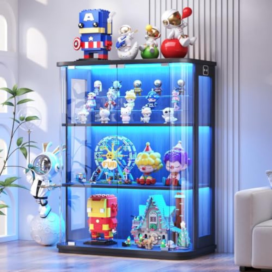 Glass Cabinet Display - 3-Tier Rounded Display Cabinet with Lights